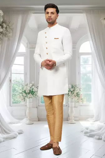 White Jute Cotton Plain Indo western for men's