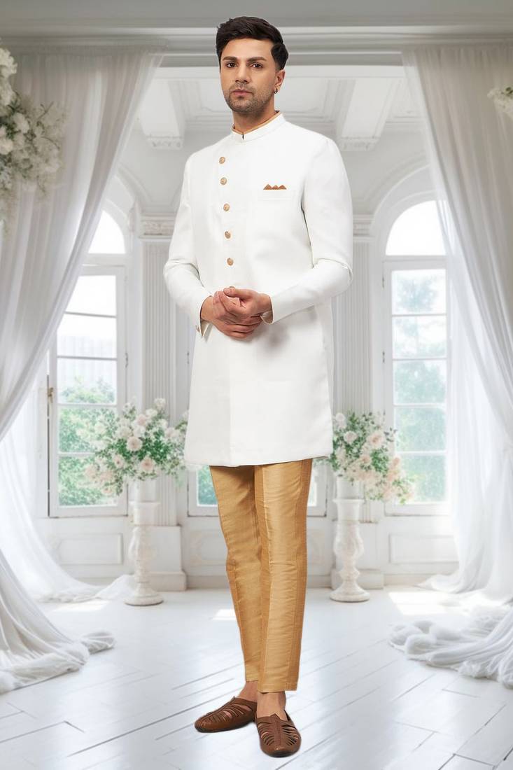 White Jute Cotton Plain Indo western for men's