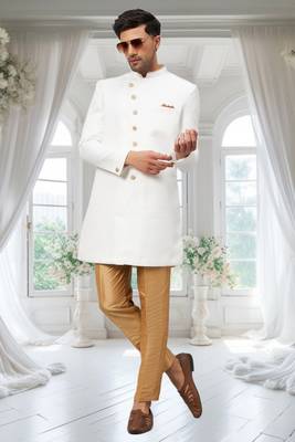 White Jute Cotton Plain Indo western for men's 3