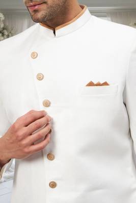 White Jute Cotton Plain Indo western for men's 5
