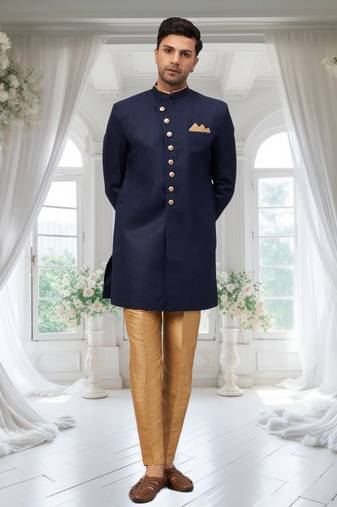 Blue Jute Cotton Plain Indo western for men's