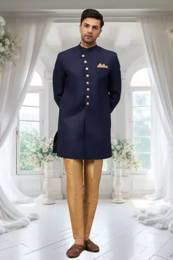 Blue Jute Cotton Plain Indo western for men's