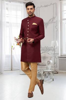 Maroon Jute Cotton Plain Indo western for men's 1