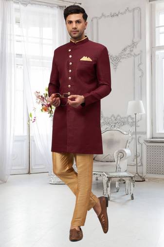 Maroon Jute Cotton Plain Indo western for men's