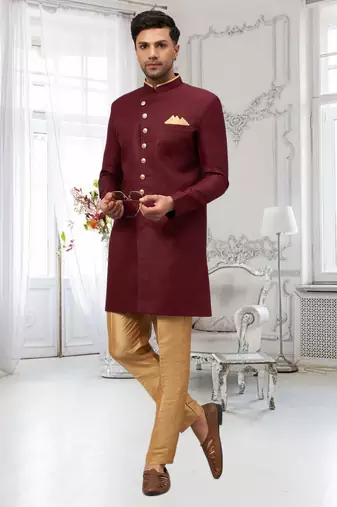 Maroon Jute Cotton Plain Indo western for men's