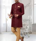 Maroon Jute Cotton Plain Indo western for men's