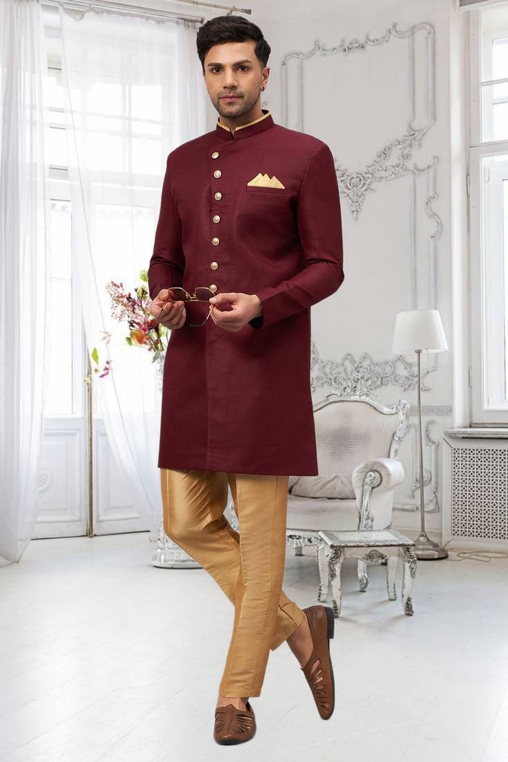 Maroon Jute Cotton Plain Indo western for men's
