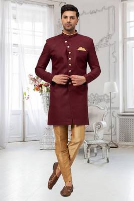 Maroon Jute Cotton Plain Indo western for men's 2