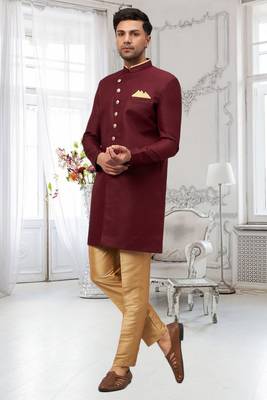 Maroon Jute Cotton Plain Indo western for men's 3