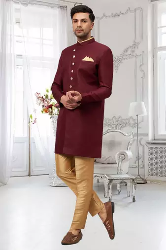 Maroon Jute Cotton Plain Indo western for men's
