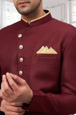 Maroon Jute Cotton Plain Indo western for men's 5