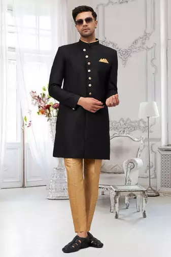 Black Jute Cotton Plain Indo western for men's