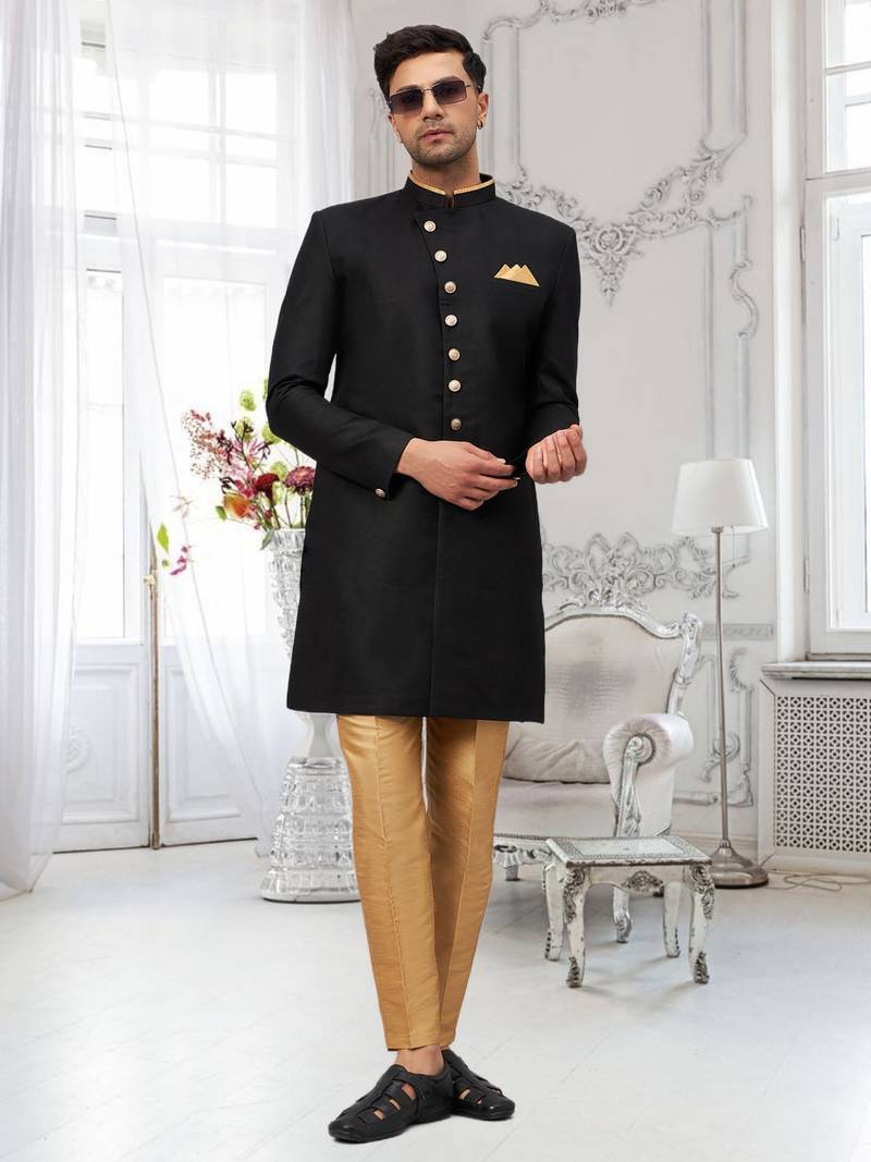 Black Jute Cotton Plain Indo western for men's