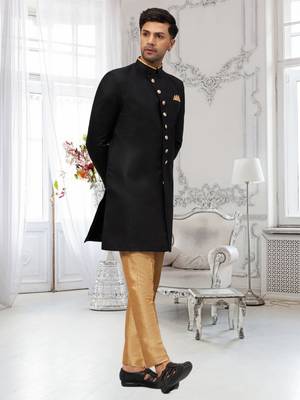 Black Jute Cotton Plain Indo western for men's 3