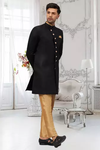 Black Jute Cotton Plain Indo western for men's