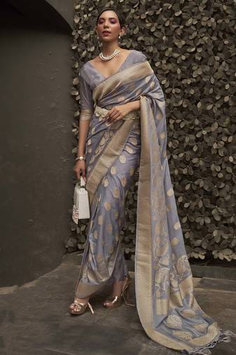 Womens Nyloan Chinon Grey Woven Design Designer Saree With Blouse For Women