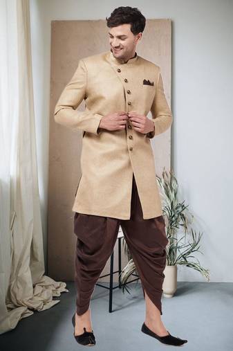 beige Jute Cotton Plain Indo western for men's
