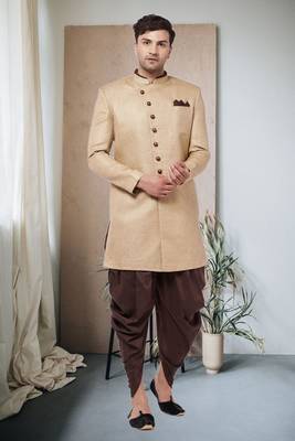 beige Jute Cotton Plain Indo western for men's 2