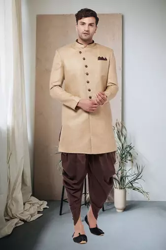 beige Jute Cotton Plain Indo western for men's