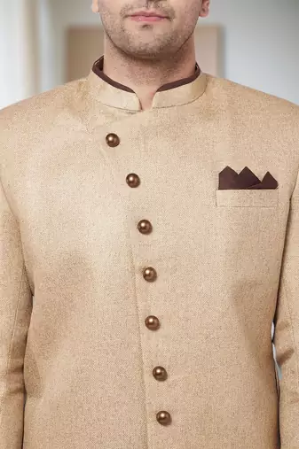 beige Jute Cotton Plain Indo western for men's