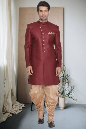 Maroon Jute Cotton Plain Indo western for men's