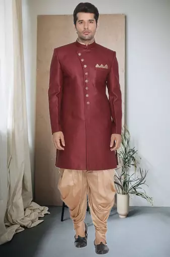 Maroon Jute Cotton Plain Indo western for men's