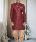 Maroon Jute Cotton Plain Indo western for men's