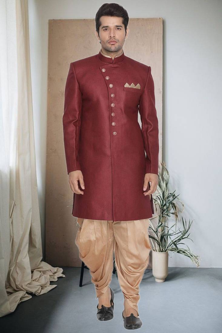 Maroon Jute Cotton Plain Indo western for men's