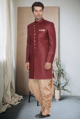Maroon Jute Cotton Plain Indo western for men's 2