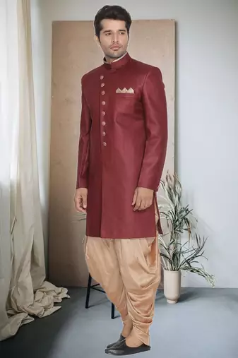 Maroon Jute Cotton Plain Indo western for men's