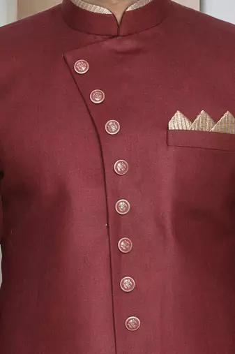Maroon Jute Cotton Plain Indo western for men's