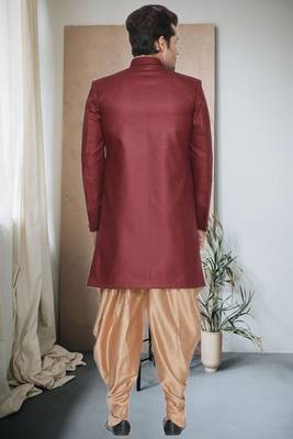 Maroon Jute Cotton Plain Indo western for men's 4