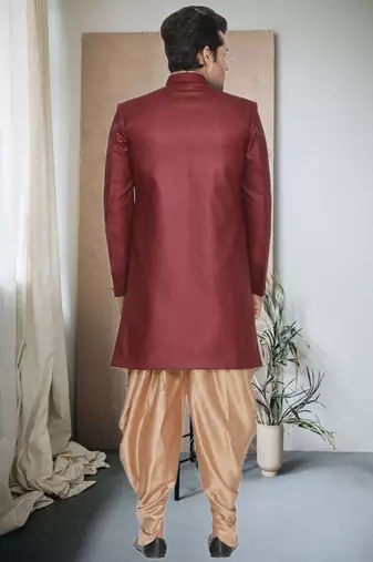 Maroon Jute Cotton Plain Indo western for men's