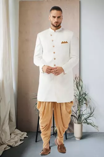White Jute Cotton Plain Indo western for men's