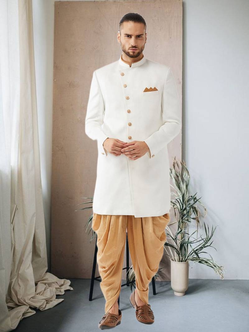 White Jute Cotton Plain Indo western for men's