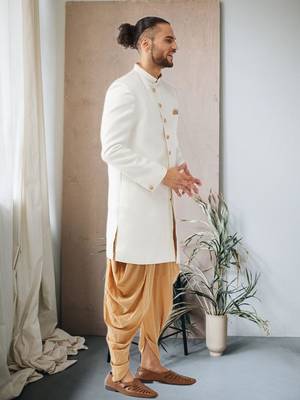 White Jute Cotton Plain Indo western for men's 2