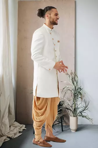 White Jute Cotton Plain Indo western for men's