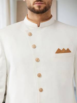 White Jute Cotton Plain Indo western for men's 4