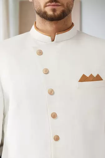 White Jute Cotton Plain Indo western for men's