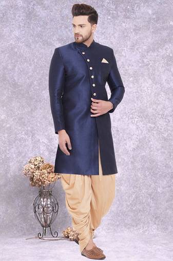 Blue Jute Cotton Plain Indo western for men's