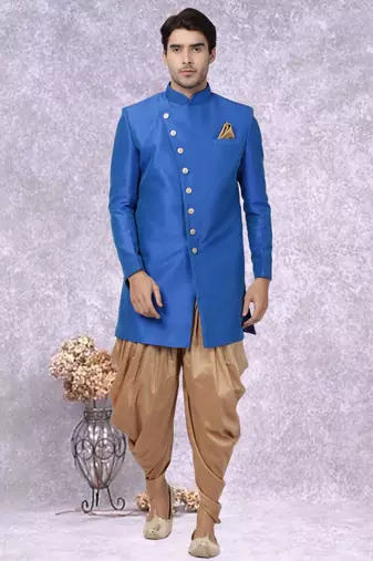 Blue Jute Cotton Plain Indo western for men's