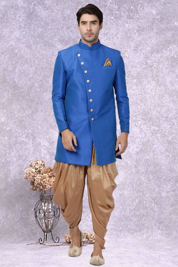 Blue Jute Cotton Plain Indo western for men's