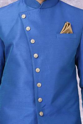 Blue Jute Cotton Plain Indo western for men's 3