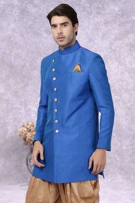 Blue Jute Cotton Plain Indo western for men's 4