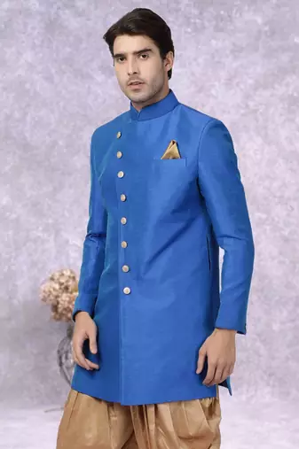 Blue Jute Cotton Plain Indo western for men's