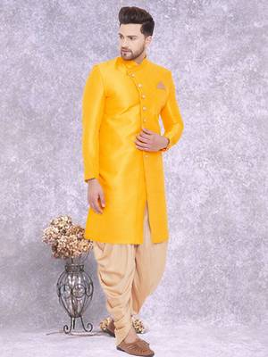 Yellow Art Silk  Plain Indo western for men's 1