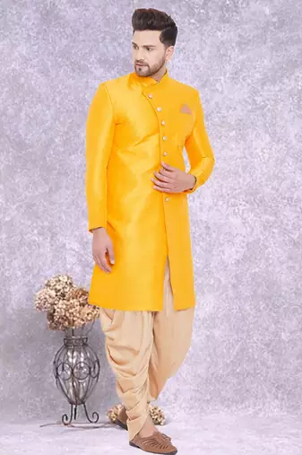Yellow Art Silk  Plain Indo western for men's