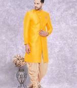 Yellow Art Silk  Plain Indo western for men's