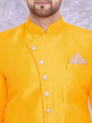 Yellow Art Silk  Plain Indo western for men's 2
