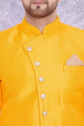 Yellow Art Silk  Plain Indo western for men's
